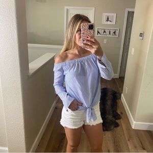 Express off the shoulder blue and white blouse